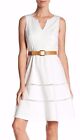 Nine West White Belted Stretch Cotton Fit & Flare Dress w/Cut-out Skirt