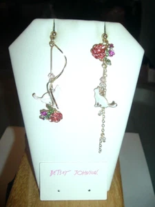 PINK FLOWER + CATS DANGLE Long Gold CHAINS Betsey Johnson Pierced EARRINGS NWT - Picture 1 of 6