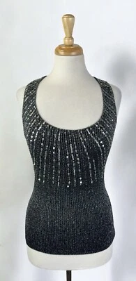 Silver Metallic Sequin Shimmer Tank Top Holidays Punk Rock Glam Y2K Beaded Small - Image 1 of 4