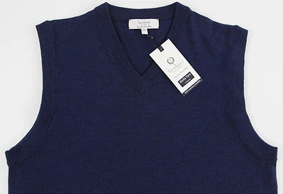 Chaleco Suéter Para Hombre TURNBURY Azul Marino Lana Merino Grande L NUEVO NUEVO CON ETIQUETAS HILO BIELLA Foto 1 de 3