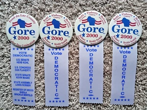 4 vtg 2000 al gore for president buttons with vote democrat ribbons attached - Picture 1 of 6