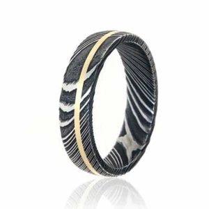 Mens Wedding Band Damascus Steel Ring 14k Yellow Gold - Picture 1 of 4