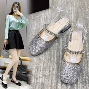 Sandalen Damen Strass Ein-Wort-Schnalle mit quadratischem Kopf dicker Absatz Schuhe - Bild 1 von 13
