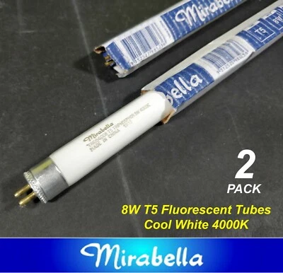 2 x 8W T5 Fluorescent Tubes Lamps 4000K Cool White 300mm F8T5/CW Mirabella - Image 1 of 4