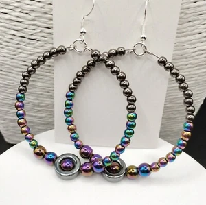 Hematite Grey Rainbow Electroplated Big Hoop Earrings 925 Silver Hooks Steampunk - Picture 1 of 9
