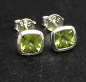 Peridot stud earrings, solid Sterling Silver, cushion. Multifaceted, 6mm. Box - Picture 1 of 13
