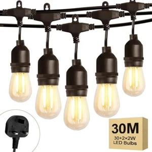 98FT Outdoor String Lights Mains Powered 30 Bulbs Garden String Festoon Lights - Picture 1 of 9