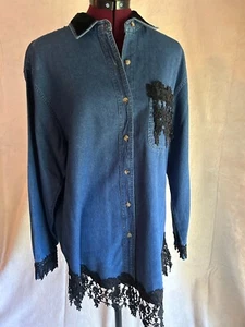 Rheas Fun Fashions taglia M Nuova Senza Etichetta - Tunica Denim con Bordo in Pizzo/Collo Velluto - Foto 1 di 2