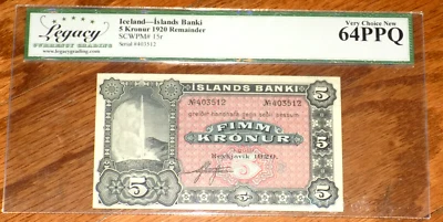Iceland 1920 5 Kronur P15r LEGACY CURRENCY 64 PPQ VERY CHOICE UNC Remainder Note - Image 1 of 4