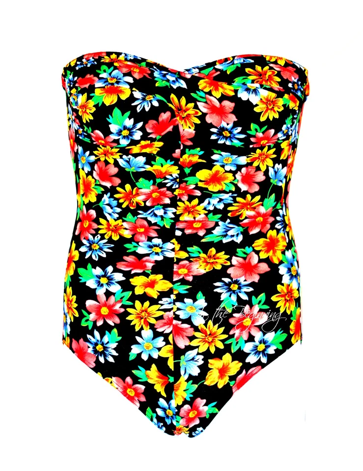 Traje de baño Baltex para mujer 8 negro multi floral acanalado de una pieza forrado sin tirantes usado en excelente estado Foto 1 de 1