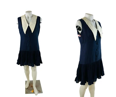 Vintage 60s Womens Small Frilly Ruffled Pointed Dagger Bib Collar Mini Dress - Image 1 of 4