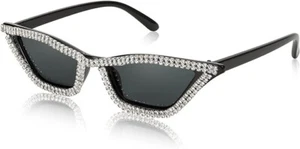 UV 400 SUN CRYSTAL Rhinestone Sunglasses Bling Cat Eye Gray Lens Black Glasses - Picture 1 of 7