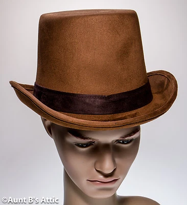 Top Hat Medium Brown Faux Suede Victorian Style Gentleman's Costume Dress Hat - Image 1 of 3