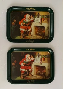Lot of (2) Vintage Coca-Cola Santa Christmas Tin Metal Trays 14" x 10.25" - Picture 1 of 4