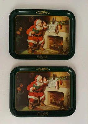 Lot of (2) Vintage Coca-Cola Santa Christmas Tin Metal Trays 14" x 10.25" - Image 1 of 4