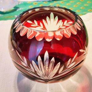 Vintage Ruby Red & Clear Czech Bohemian Crystal Glass Rose Bowl - Picture 1 of 3