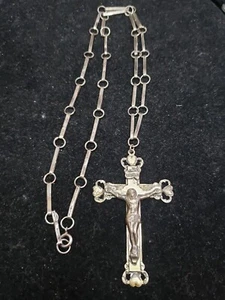 ANTIQUE STERLING SILVER CRUCIFIX WITH CHAIN FLAT LINK EARLY - Picture 1 of 9
