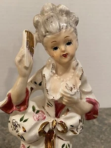 Hand Painted Porcelain Colonial Girl With Fan Japan 8 1/4” Vintage Gold Accents - Picture 1 of 8