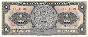 México 1 Peso 25.I.1961 Series JV Prefix F Uncirculated Banknote Top16 - Picture 1 of 2