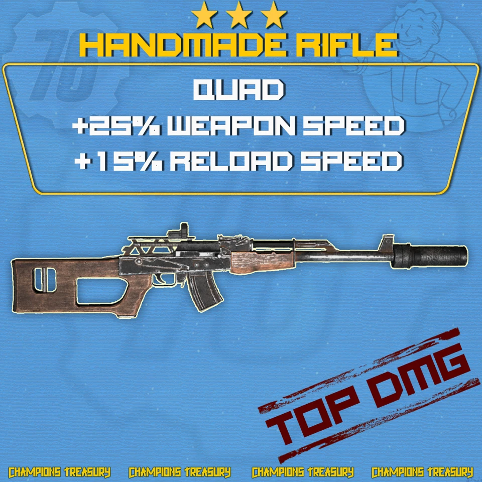 FALLOUT 76 PC QUAD +25% WEAPON SPEED +15% RELOAD SPEED HANDMADE RIFLE - Image 1 of 1