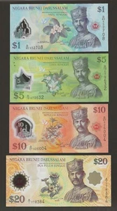 BRUNEI 1 5 10 20 Ringgit 2007 2019 2011 2013, P-34 35d, 36, 37b, Set of 4, UNC. - Picture 1 of 2