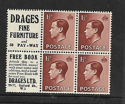 Sg Spec PB5a EDVIII 1 1/2d Booklet Pane - Inverted Wmk - Drages Advert Ref25929 Cover