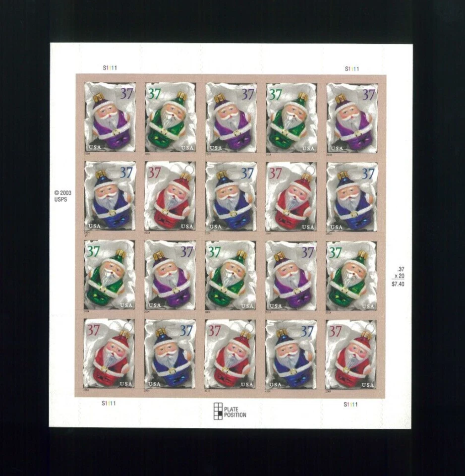 United States 37¢ Christmas Santa Ornaments Postage Stamp #3883 MNH Full Sheet - Image 1 of 1