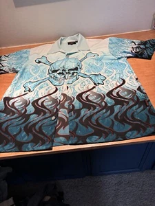 Vintage Dragonfly Shirt Men Large Blue Tribal Flames Skull Short Sleeve 90s Y2K - Picture 1 of 7