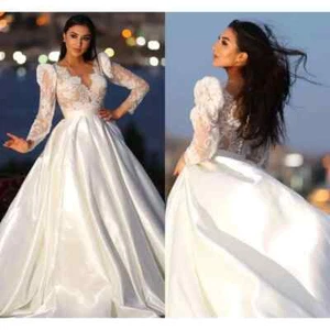 Lace Sleeve Modest Wedding Dresses Sheer Applique V Neck Satin Long Bridal Gowns - Picture 1 of 5