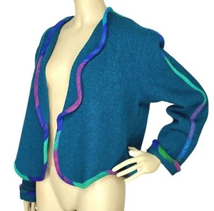 Vintage Candiss Cole 100% Silk Teal Boucle Open Front Cardigan Sweater Medium - Picture 1 of 10