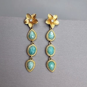 Real Green Gemstone Amazonite Long Dangle Earings Bohemia Drop Earring Boho - Picture 1 of 5