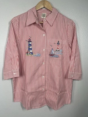 Blair 女式刺绣灯塔衬衫航海条纹奶奶核心 S 码 — 第 1/4 张图片