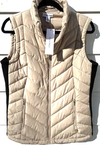 NWT Calvin Klein Quilted Stretch Rib Sides Logo Puffer Vest Latte/Black Size MED - Picture 1 of 11