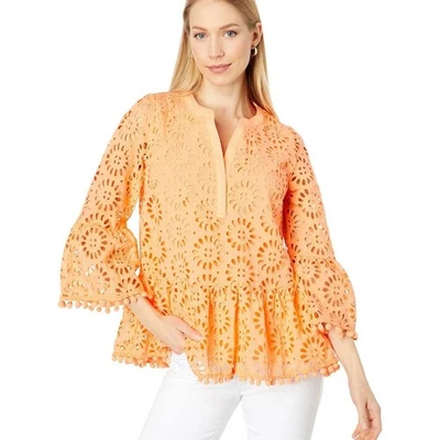 Lilly Pulitzer Women's Eyelet Top L Orange 3/4 Sleeve Flounce Hem Spring - Image 1 of 4