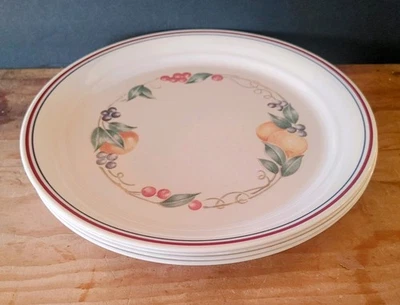4 Corelle ABUNDANCE FRUIT 10 1/4" Dinner Plates Beige W/Multicolor Rings & Fruit - Image 1 of 4