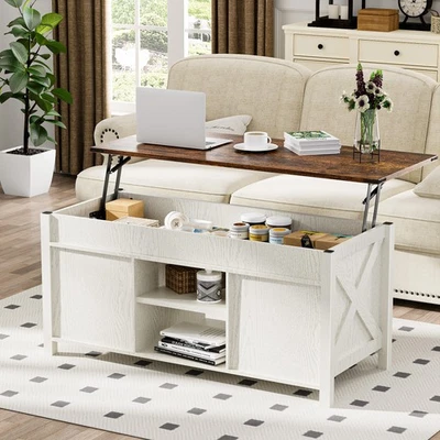 47.2in Lift Top Coffee Table w/ Sliding Barn Door & Hidden Storage, Center Table - Image 1 of 4