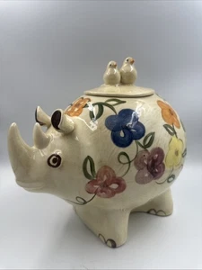 Vintage Happy Nashorn & Vögel Keksdose handbemalt Keramik Blumen Käfer - Bild 1 von 13