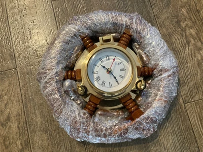 Solid Wood And Brass Ship Boat Wheel Porthole Clock 15" Nautical Wall Decor - Image 1 of 4