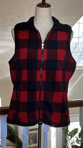 CHAPS Sport Red Black Buffalo Plaid Full Zip Up Fleece Vest Womens Large - Picture 1 of 13