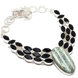 Bandeadas Verde Ópalo , Onix Piedra Preciosa 925 Plata de Ley Joyería Collar - Imagen 1 de 5