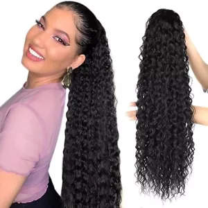 Black Ponytail-Extensions Curly-Drawstring Hair Extension Ponytail Human Hair - Picture 1 of 6