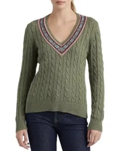 Lauren Ralph Black Label Green Cable-Knit Cricket Fairisle Sweater Womens Sz XL - Picture 1 of 10