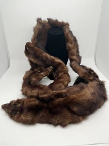 Vintage Mink Fur Stole Scarf Faces And Feet Intact 5 Full Bodies Dark Brown - Picture 1 of 8