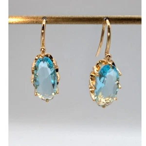 Gold Tone Oval Blue Crystal Fish Hook Earrings - Picture 1 of 6