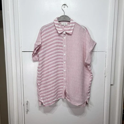 Sahara Blouse Pink White Stripe Linen Blend Lagenlook Short Sleeve Size S/M - Image 1 of 4