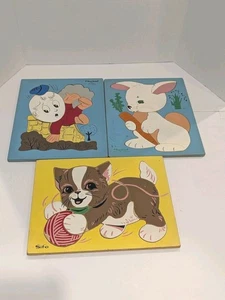 3 Vintage Playskool Sifo Puzzles Wooden Humpty Dumpty•Rabbit•Kitten - Picture 1 of 17