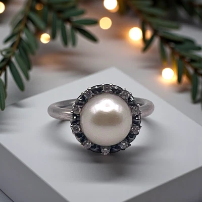 Anillo Pandora Ale 50 de plata de ley 925 con perlas y halo de diamantes de 0,5 CTW, tamaño 5,5 Foto 1 de 4