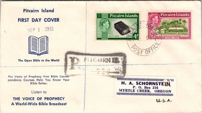 1951 British Pitcairn Island Library FDC Cover to Myrtle Creek Oregon OR USA - Image 1 of 2