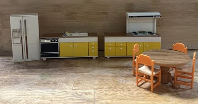 Tomy Japan Vintage 1970s Dollhouse MCM Kitchen Refridgerator Table Chairs Stove - Image 1 of 4