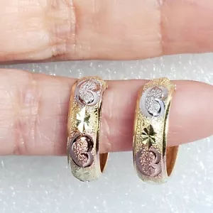 Gold hoop earrings 14k yellow white rose hearts diamond cut .75 inch long - Picture 1 of 11